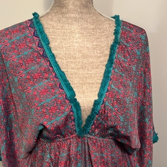 Patterned Maxi Dress in Red, teal and purple in size medium silk blend.  Fringe - Picture 9 of 15